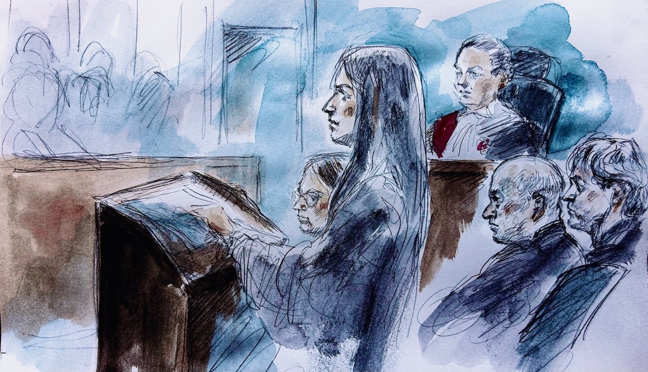 A court sketch showing a woman speaking to the jury